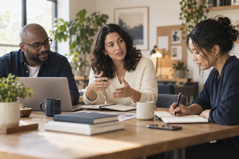 Three professionals discussing a decision around a table