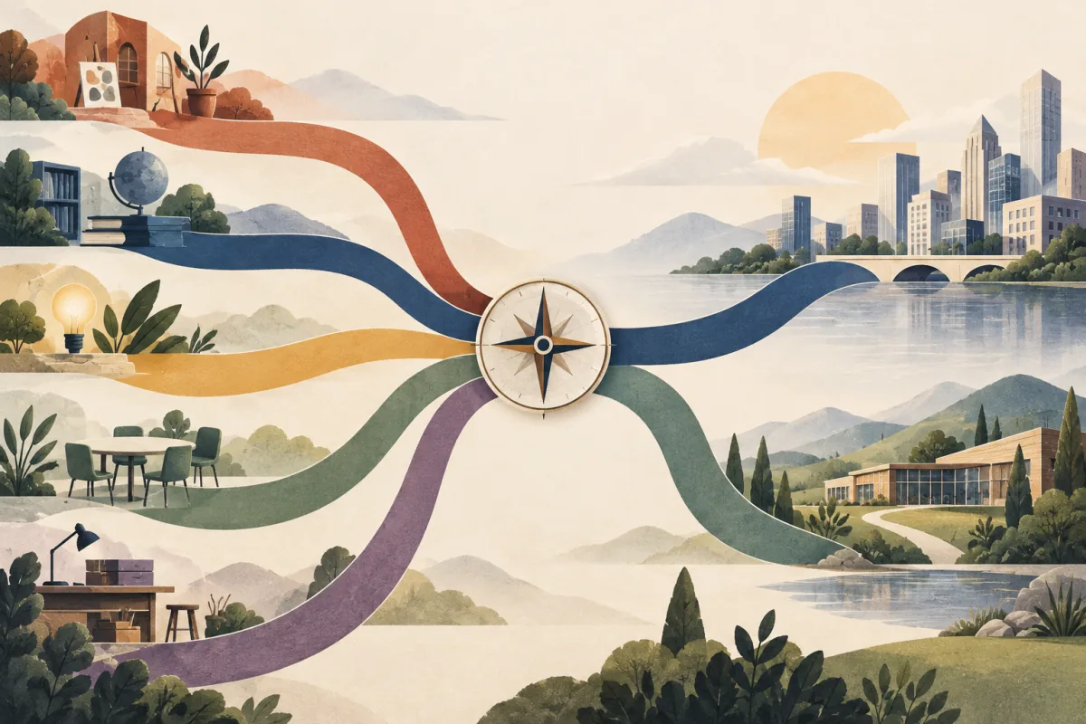 Five colored paths meeting at a compass before continuing toward different workplaces
