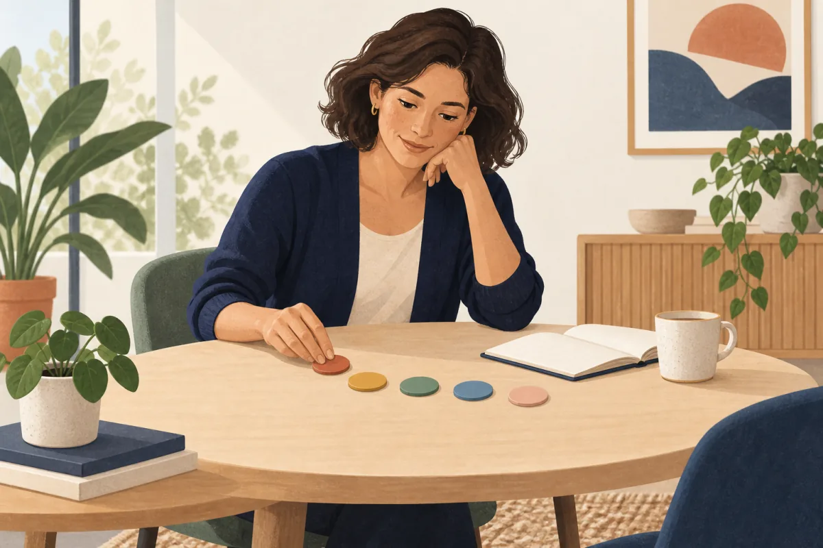 A professional arranging five colored tokens beside an open notebook